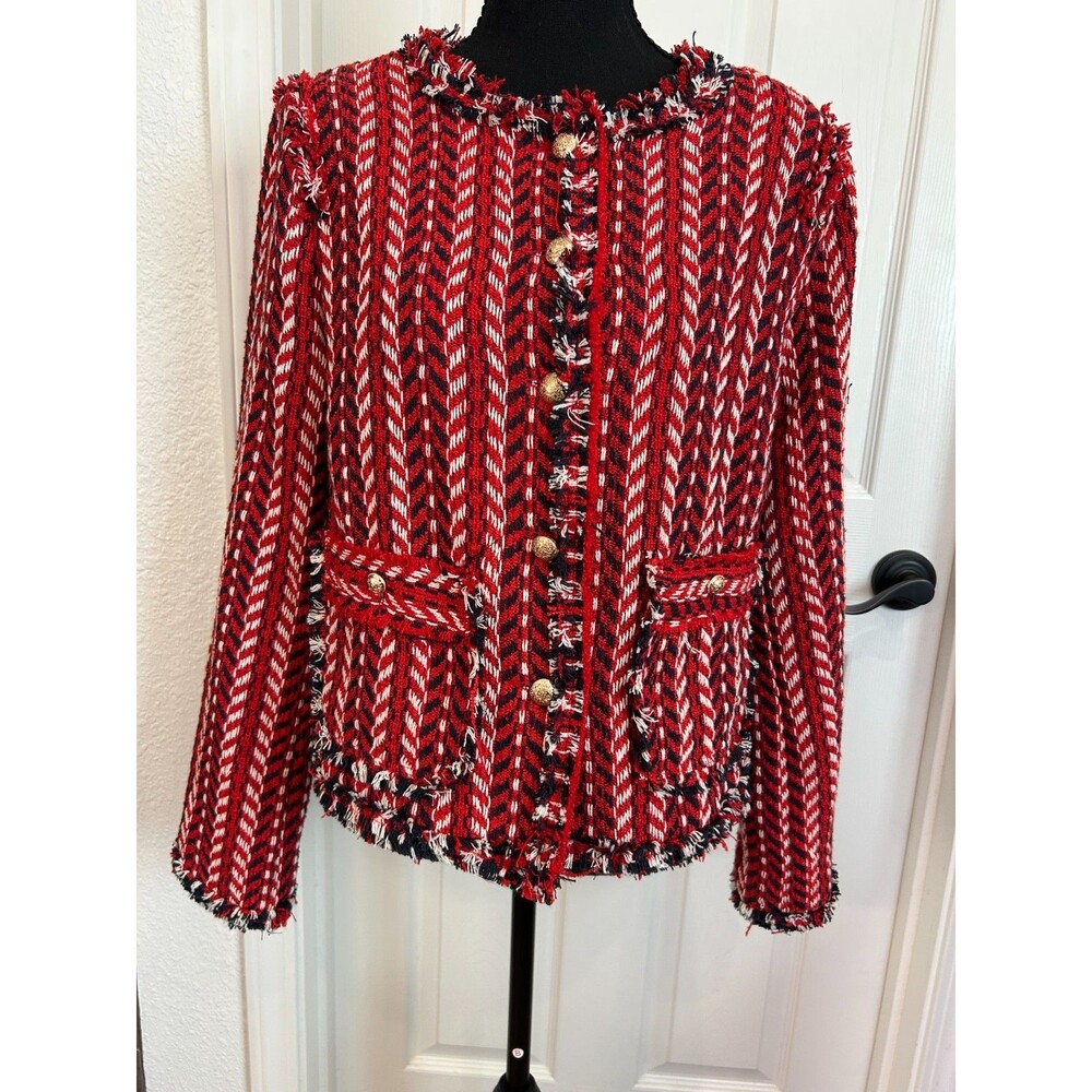 Vici Tweed Women L Blazer Elevated Casual Workwear Red White Blue